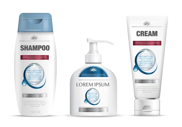 Embalagem de xampu, tubo de creme, design de modelo de garrafa de sabão. Modelo de marca cosmética. Produtos de cuidados corporais. Ilustração vetorial . —  Vetores de Stock