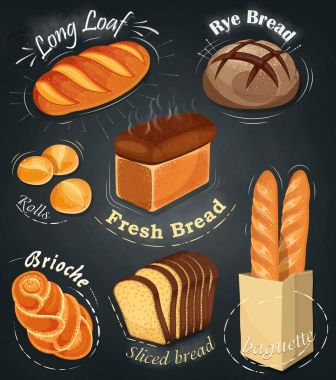 Reklam unlu tahtada. Ekmek yapım ürünleri kümesi. Menü. Uzun somun, çavdar ekmeği, baget, rulo, beyaz ekmek, ekmek, dilimlenmiş tatlı çörek. Vektör çizim