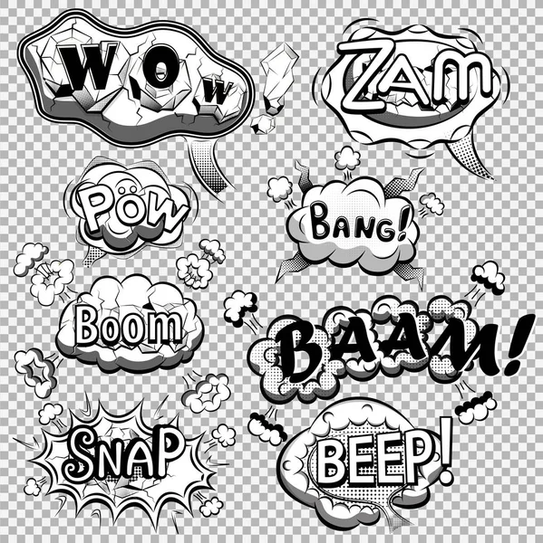 Black and white comic speech bubbles on transparent background vector — Stock Vector