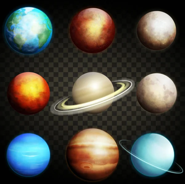 Planets of the solar system isolated on a transparent background. Set of realistic planets vector illustration — Stock Vector