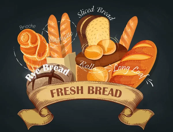 Pão fresco. Emblema da pastelaria. Logotipo de pão para padaria. Marca, rótulo, banner, sortimento. Ilustração vetorial —  Vetores de Stock