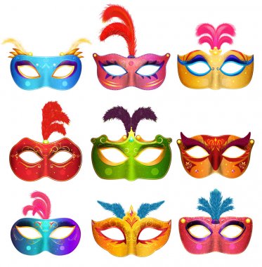 Mardi Gras Venedik el yapımı karnaval maske. Yüz maskeleri koleksiyonu maskeli parti için. Vektör çizim