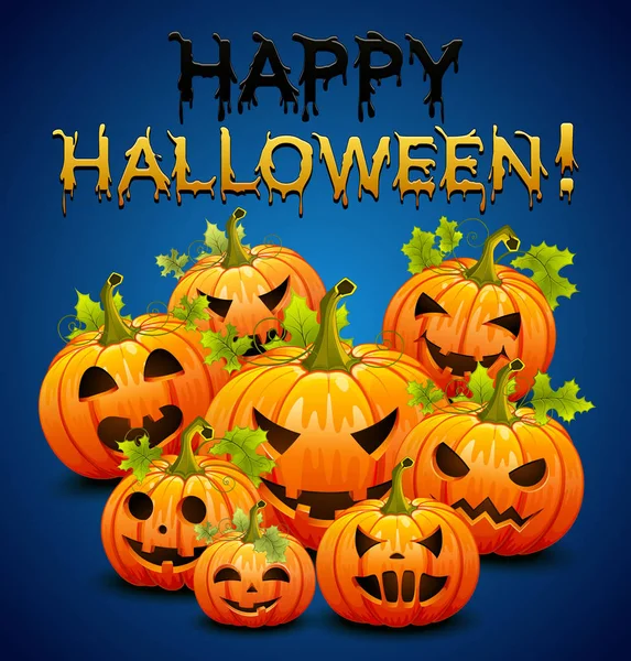 Uitnodiging voor Halloween feest met pompoenen op blauwe achtergrond. Vectorillustratie — Stockvector