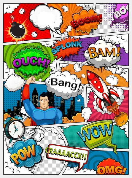Comic Book Page Divided Lines Speech Bubbles Rocket Superhero Sounds — Stock Vector