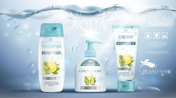 Shampoo Packaging Cream Tube Soap Bottle Advertising Realistic Underwater Blue — Stock Vector