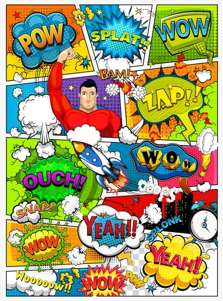 Comic Book Page Divided Lines Speech Bubbles Rocket Superhero Sounds — Stock Vector