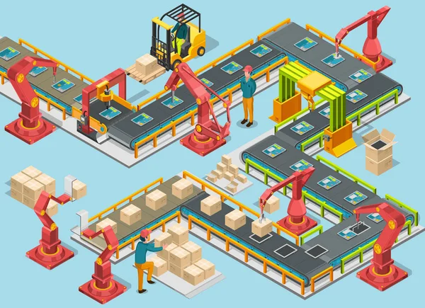 Automatische Fabrik Mit Förderband Und Roboterarmen Montageprozess Vektorillustration — Stockvektor