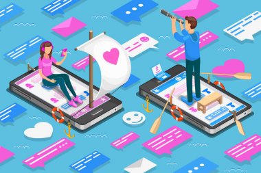 Sanal ilişkileri ve online dating izometrik kavramı. Gençler birkaç içinde sosyal ağlar için arıyoruz. Vektör çizim