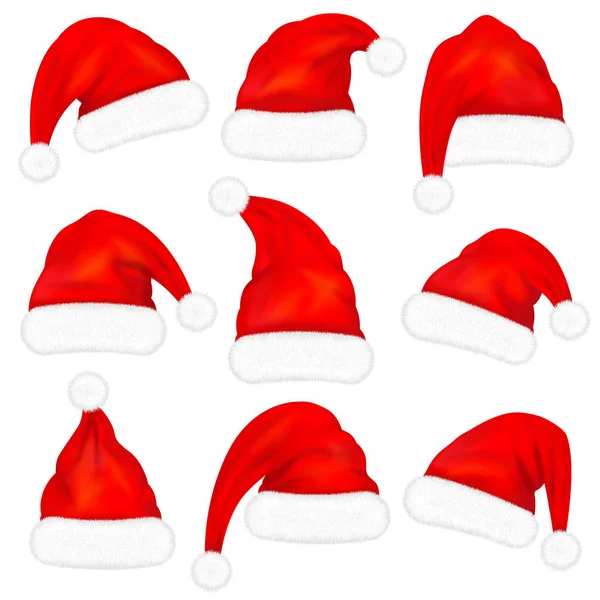 Набор Красных Шляп Санта Клауса Мехом Изолированы Белом Фоне Векторная — стоковый вектор