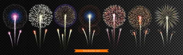 Set Bright Realistic Fireworks Transparent Background Vector Illustration — Stock Vector
