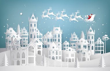 Mutlu Noeller ve mutlu yıllar. Noel Baba şehre geyiklerle kızakla geliyor. Kağıt sanatı vektör çizimi 