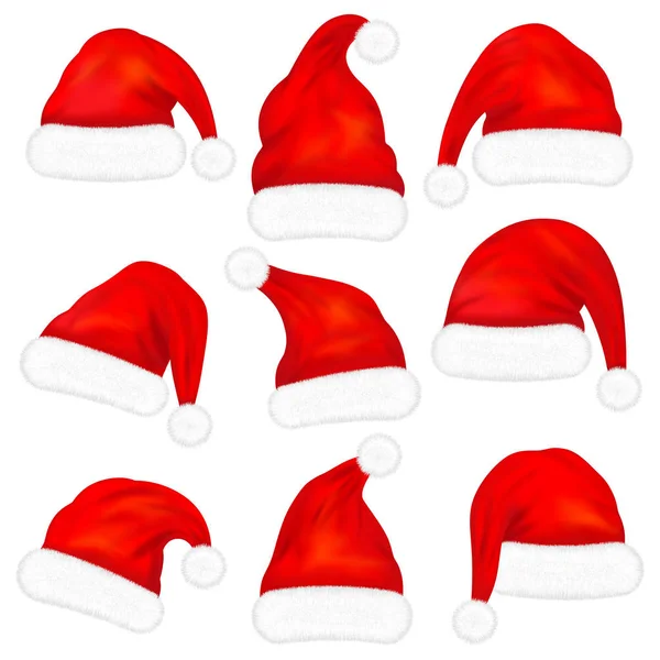 Σύνολο Κόκκινων Καπέλων Santa Claus Γούνα Που Απομονώνεται Λευκό Φόντο — Διανυσματικό Αρχείο