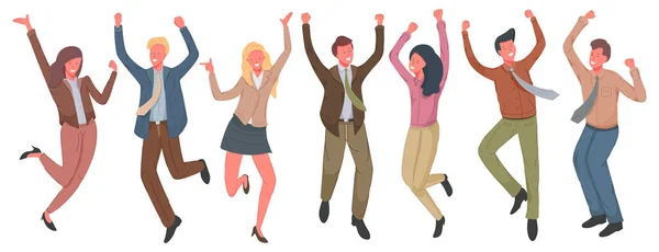 Šťastní Obchodníci Skákající Vektorové Ilustrace Veselí Zaměstnanci Oslavující Vítězství Stock Vektory