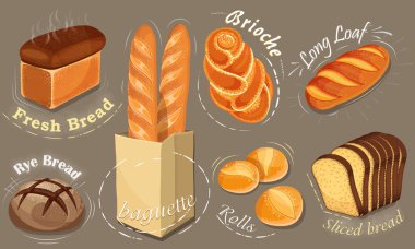 Vektör ekmek simgeleri ayarlandı. Uzun somun, çavdar ekmeği, baget, rulo, brioche.