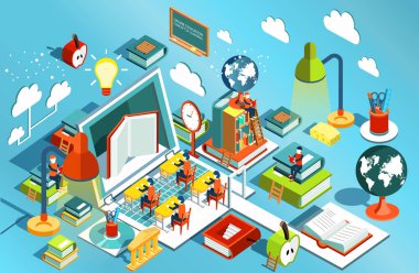 Online Eğitim izometrik düz tasarım. Öğrenme ve kitap kütüphane ve sınıfta okuma kavramı. Üniversite eğitimi. Vektör çizim