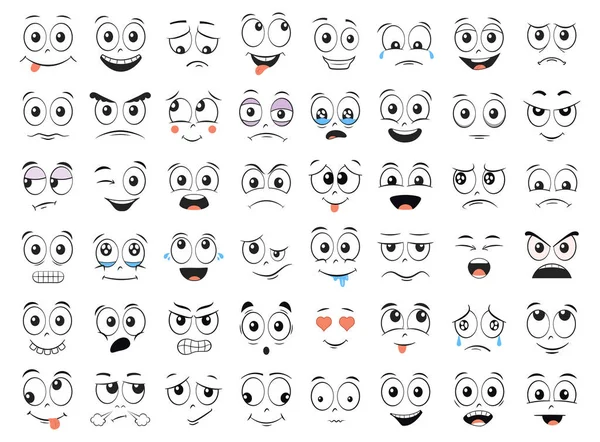 Caras Dibujos Animados Enojado Riendo Sonriendo Llorando Asustado Otras Expresiones — Vector de stock