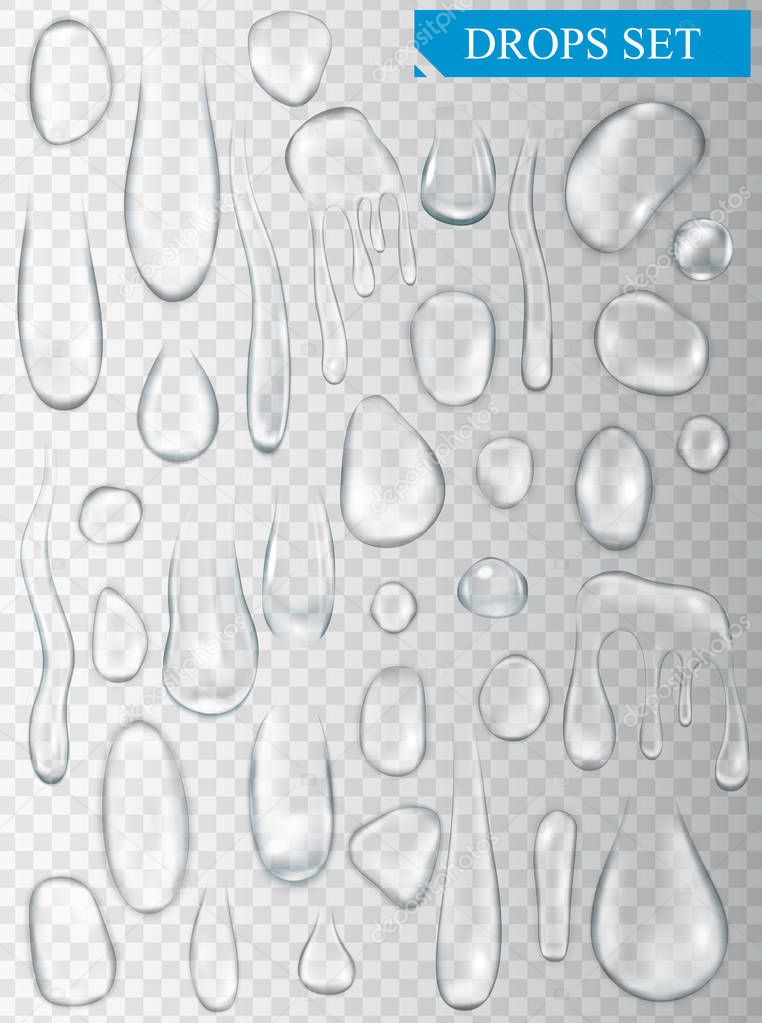 Realistic shining water drops and drips on transparent background vector illustration