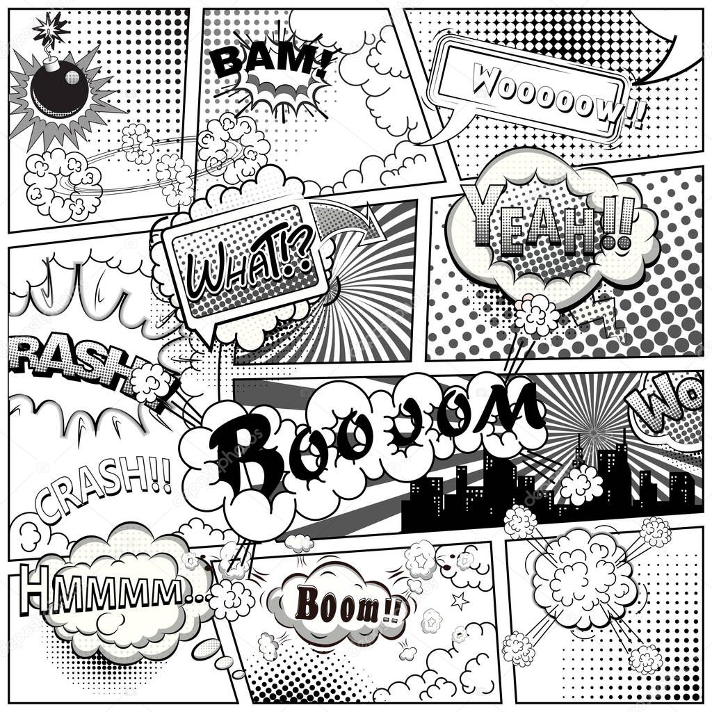 Black and white comic book page divided by lines with speech bubbles and sounds effect. Vector illustration.