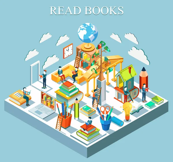 Concept Learning Reading Books Isometric Flat Design Vector Illustration — 스톡 벡터