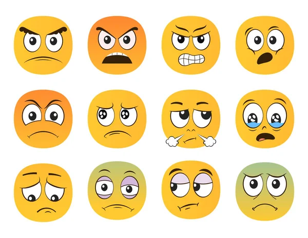 Emoticons Irritados Emoções Infelizes Dolorosas Suspeitas Chocadas Ressentidas Ilustração Vetorial — Vetor de Stock