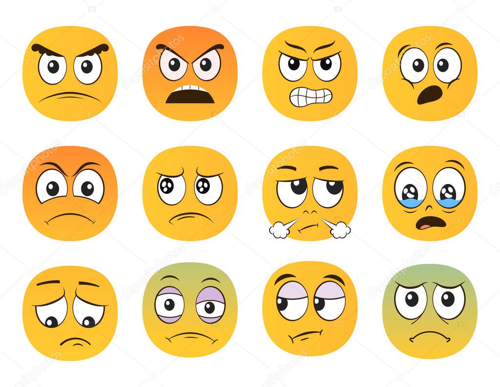 Angry emoticons. Unhappy, painful, suspicious, shocked, resentful emotions. Vector illustration.
