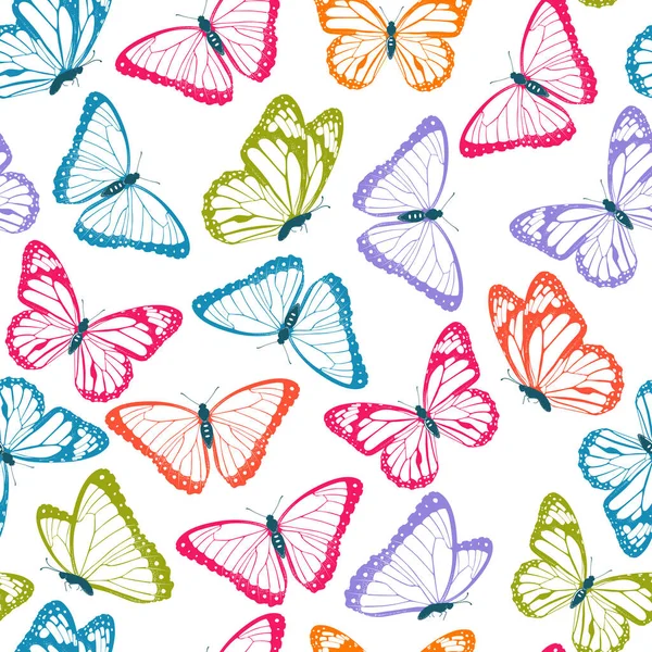 Color Mariposas Voladoras Patrón Sin Costuras Aislado Sobre Fondo Blanco — Vector de stock