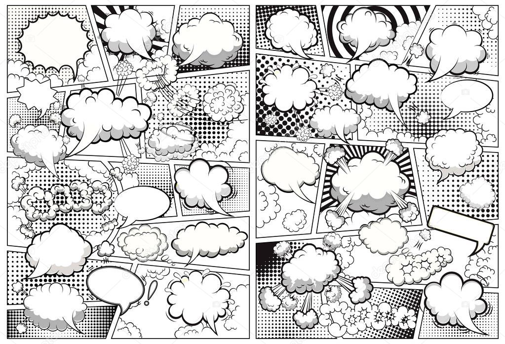 Comic book page template divided by lines with speech bubbles black and white. Vector illustration.