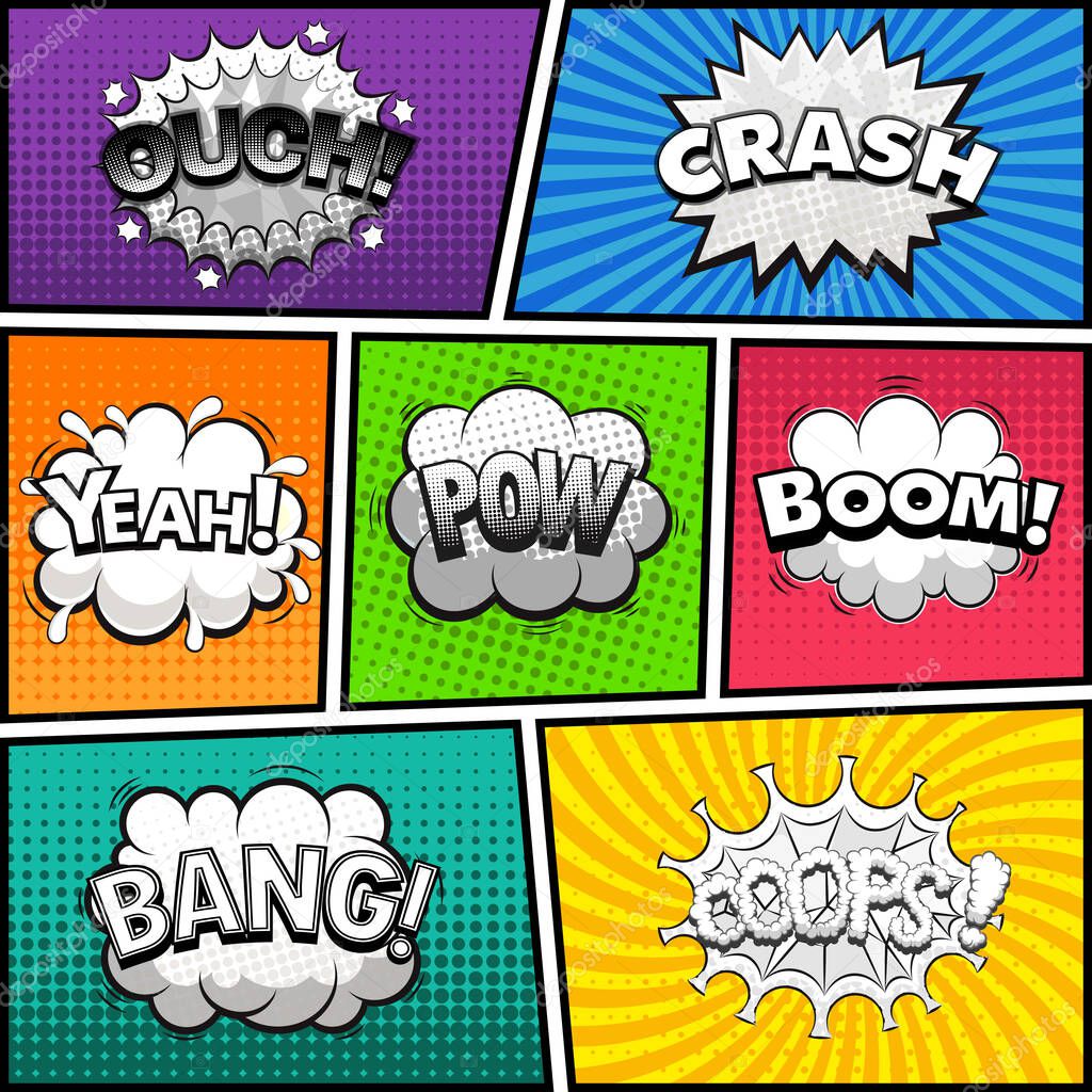 Comic book page divided by lines with black and white speech bubbles, sounds effect. Retro background Mock-up. Comics template. Vector illustration