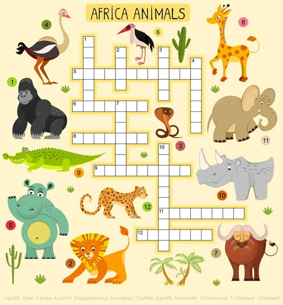 Cruciverba Vettoriale Sugli Animali Africani Bambini Illustrazione Leoni Leopardi Elefanti — Vettoriale Stock