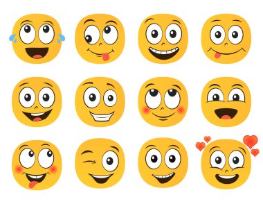 Komik gülümseme, yüz ifadeleri. Bir dizi emoji. Düz biçim vektör illüstrasyonu