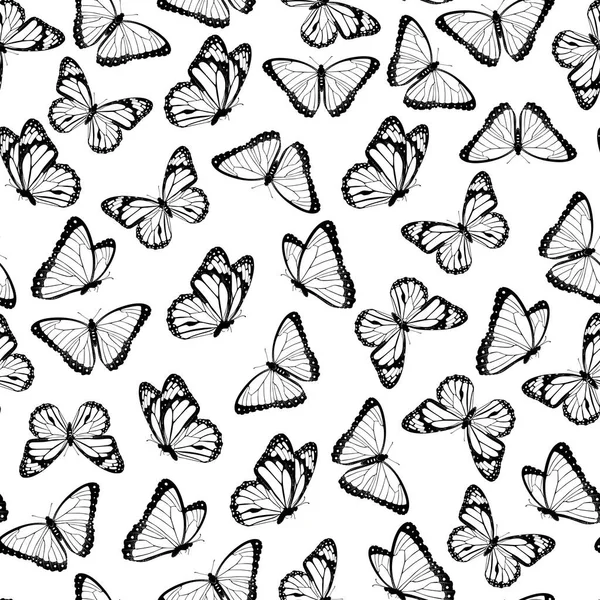 Zwart Wit Vliegende Vlinders Naadloos Patroon Geïsoleerd Witte Achtergrond Vectorillustratie — Stockvector