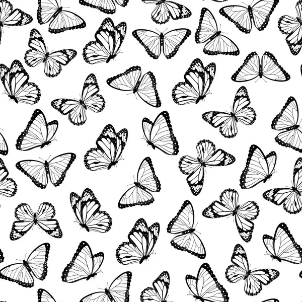 Black White Flying Butterflies Seamless Pattern Isolated White Background Vector — Stock Vector