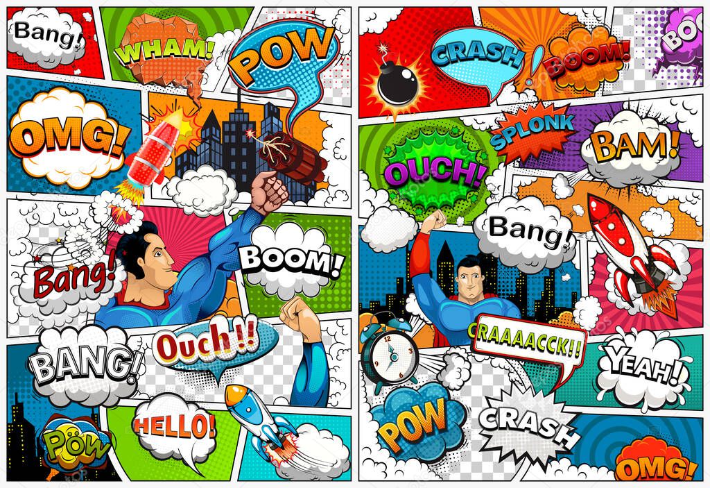 Comic book page template divided by lines with speech bubbles, rocket, superhero and sounds effect. Retro background mock-up. Vector illustration