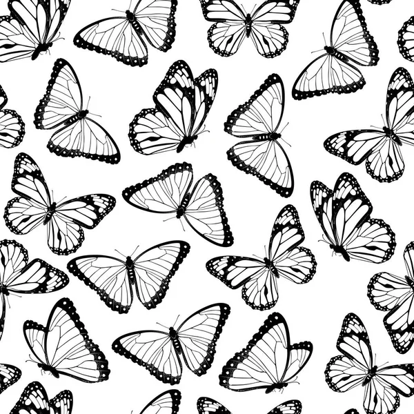 Черно Белые Летающие Бабочки Бесшовные Узоры Изолированный Белом Фоне Векторная — стоковый вектор