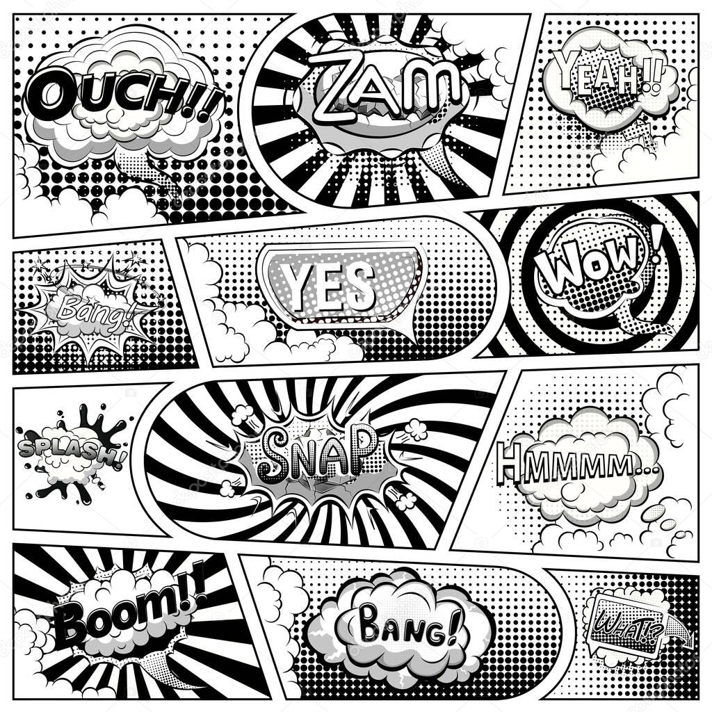 Comic book black and white page template divided by lines with speech bubbles. Vector illustration.