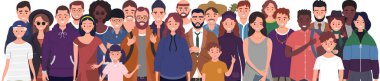 Beyaz arka planda izole edilmiş çok uluslu bir grup insan. Çocuklar, yetişkinler ve gençler bir arada dururlar. Vektör illüstrasyonu 