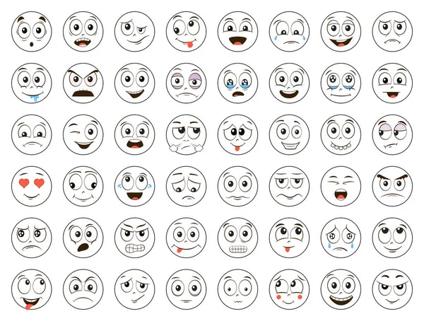 Set Emoticons Emoji Faccine Dei Cartoni Animati Arrabbiato Ridendo Sorridendo — Vettoriale Stock