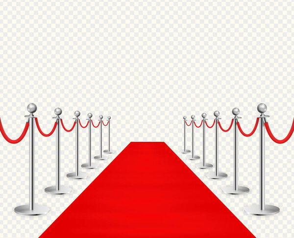 Красная дорожка и серебристые барьеры реалистично изолированы на прозрачном фоне. Векторная иллюстрация
