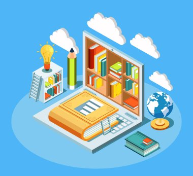 Laptop ve kitaplarla Isometric online eğitim kompozisyonu. Elektronik kütüphane ve bulut hesaplama konsepti vektör çizimi