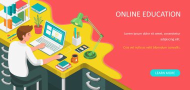 Evde internetten öğreniyorum. Öğrenci masada oturuyor ve dizüstü bilgisayara bakıyor. E-öğrenme afişi. Web kursları ya da özel ders konsepti. Uzaklık eğitimi düz izometrik vektör çizimi.