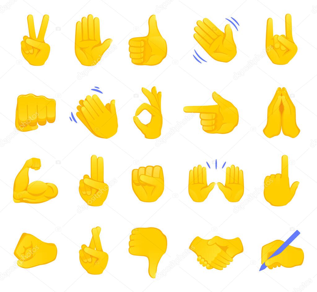 Hand gesture emojis icons collection. Handshake, biceps, applause, thumb, peace, rock on, ok, folder hands gesturing. Set of different emoticon hands isolated vector illustration.