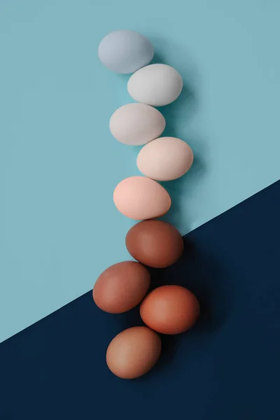 Şekil ve renk olarak farklı yumurtalar. Masa farklı renklerde iki parçaya ayrılır: koyu ve açık. — Stok fotoğraf