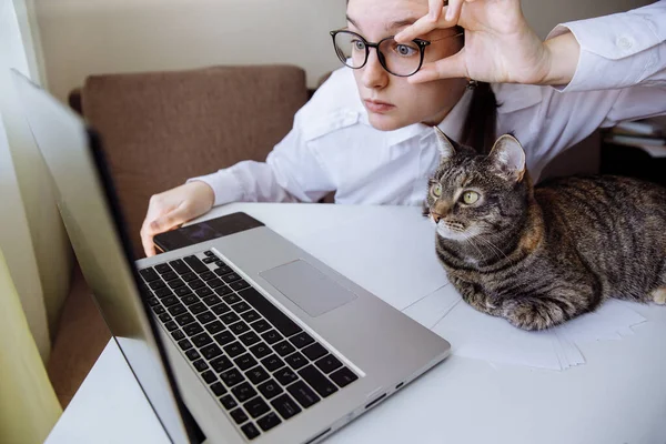 Şık gözlüklü, beyaz gömlekli ve çizgili kedili bir kız ekrandaki görüntüye şaşkınlıkla bakıyor.. 