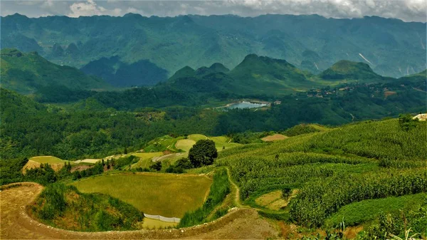 Kuzey Vietnam manzarası, dağlar, pirinç tarlaları.. 