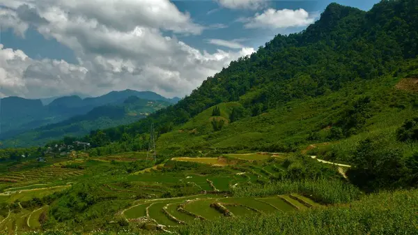 Kuzey Vietnam manzarası, dağlar, pirinç tarlaları.. 