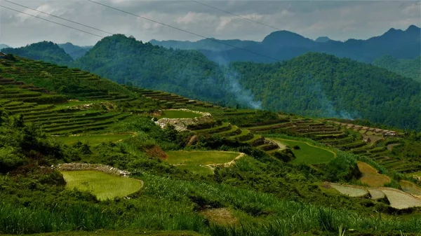 Kuzey Vietnam manzarası, dağlar, pirinç tarlaları.. 