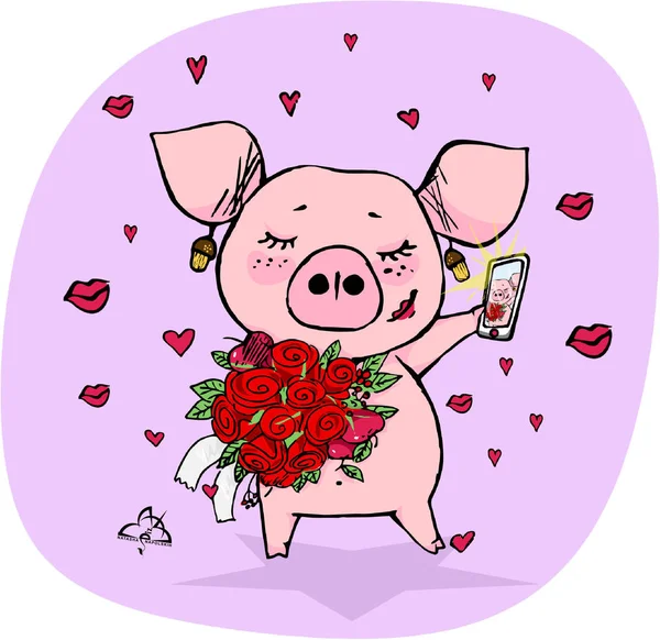 pig with flowers selfie