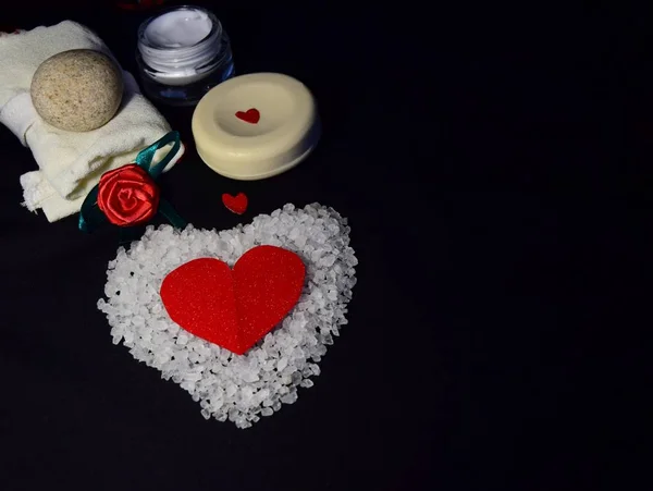 Valentine Day Spa Style Dark Table Which One Heart Salt — Stock Photo, Image