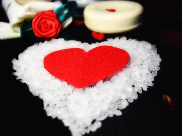 Valentine Day Spa Style Dark Table Which Two White Hearts — Stock Photo, Image