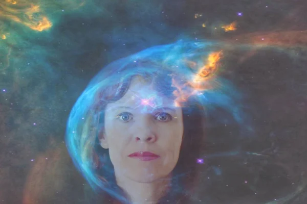 woman with a piercing look in her eyes. above the girl's head, a star is a symbol of openness of mind, clairvoyance. Elements of this image are provided by NASA.